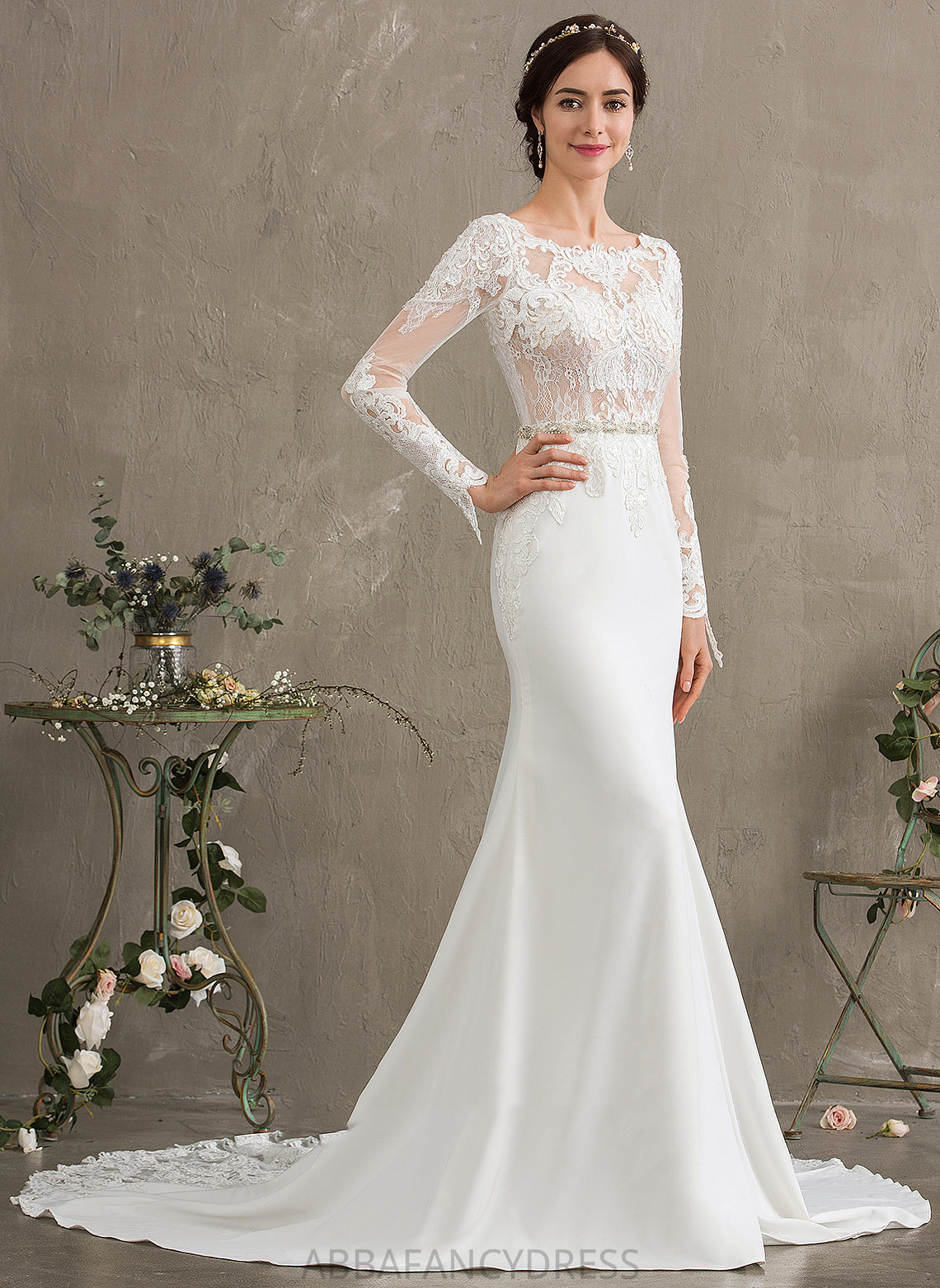 Stretch Chapel With Scoop Dress Wedding Dresses Lace Sequins Neck Wedding Train Crepe Shannon Trumpet/Mermaid Beading