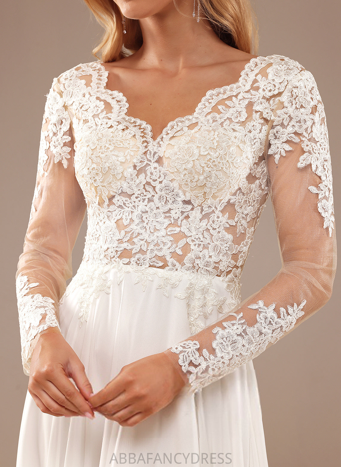 V-neck Wedding Sequins A-Line Dress Lace Chiffon Wedding Dresses Joyce With Lace Floor-Length