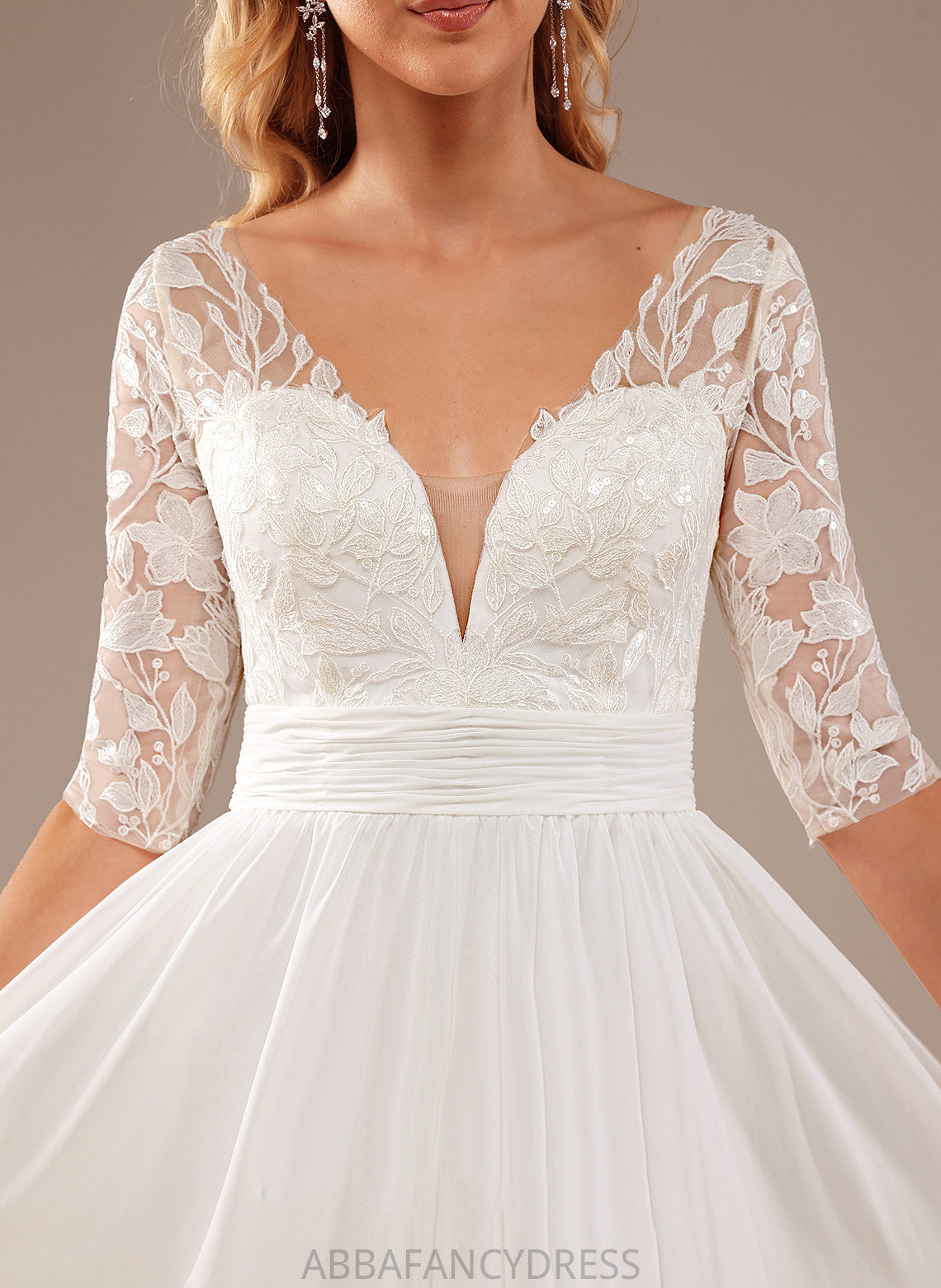 Lacey Wedding Dress A-Line Wedding Dresses With Sequins Ruffle Lace V-neck Lace Floor-Length Chiffon