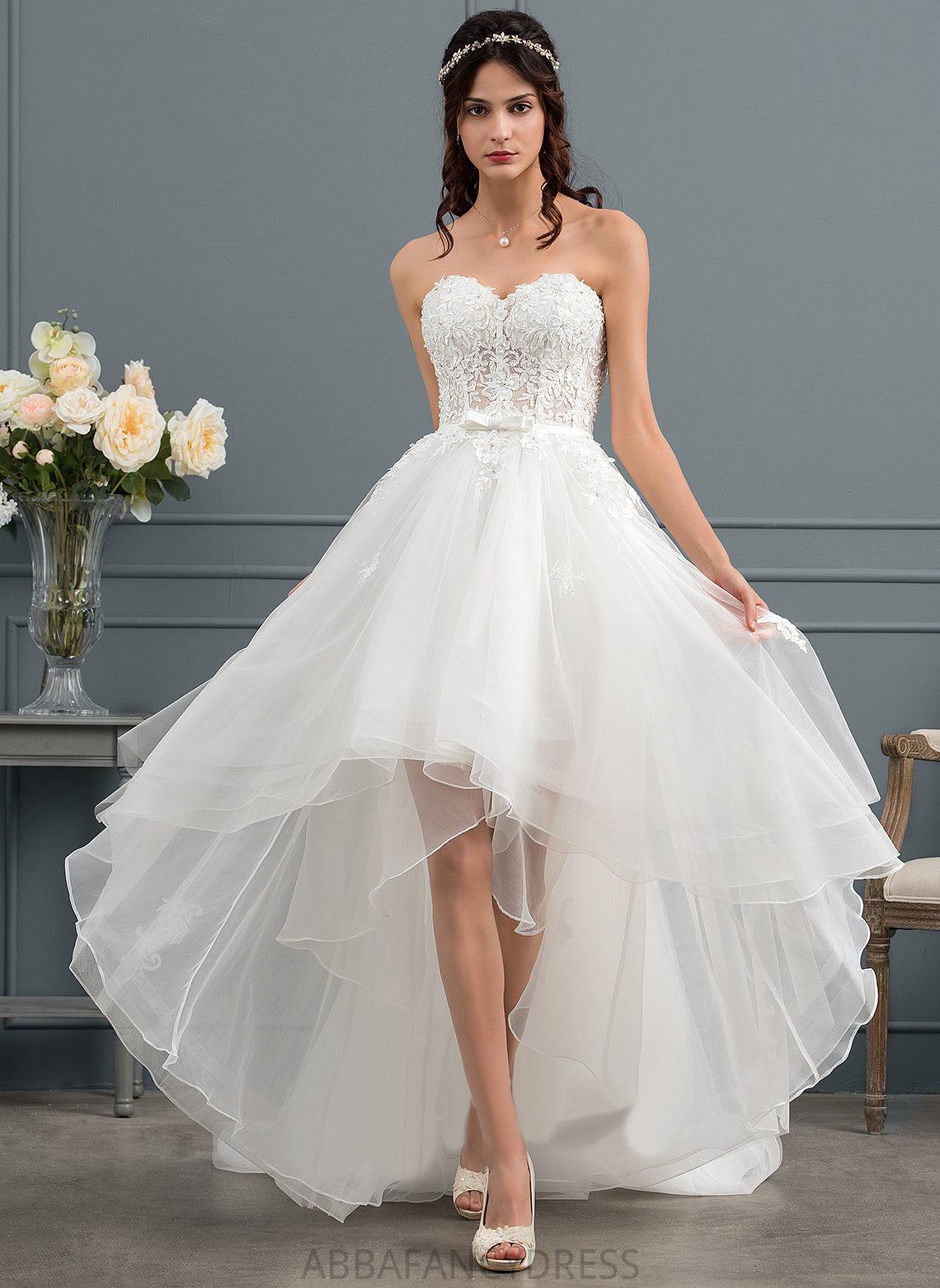 Bow(s) Kristin Wedding Asymmetrical A-Line Lace Wedding Dresses Satin Beading With Dress Sequins Sweetheart Tulle