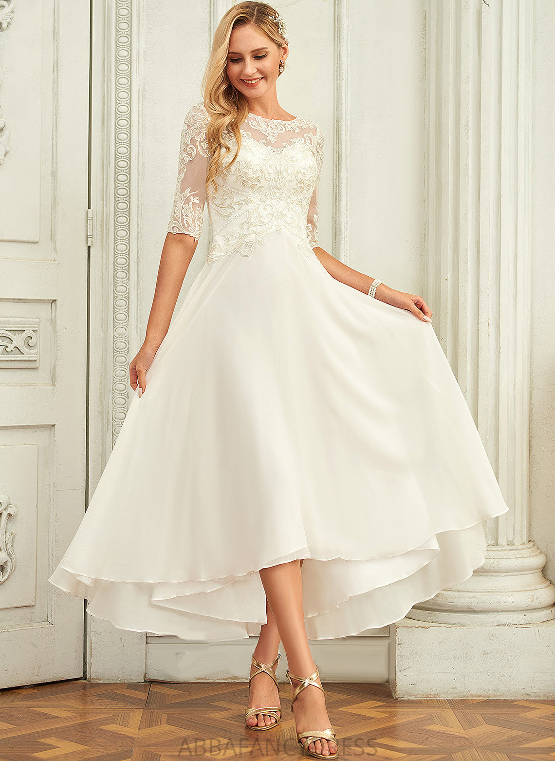 Wedding Dresses Sequins Scoop Wedding Chiffon Lace Beading Neck A-Line With Dress Ally Asymmetrical