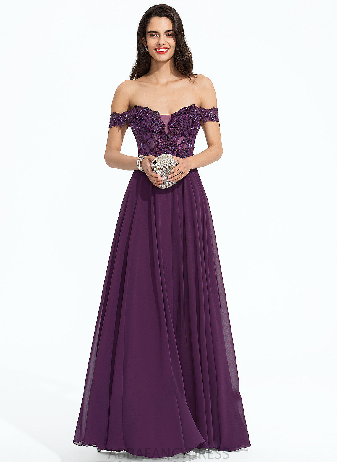 With Prom Dresses Ball-Gown/Princess Madyson Floor-Length Beading Sequins Chiffon Off-the-Shoulder