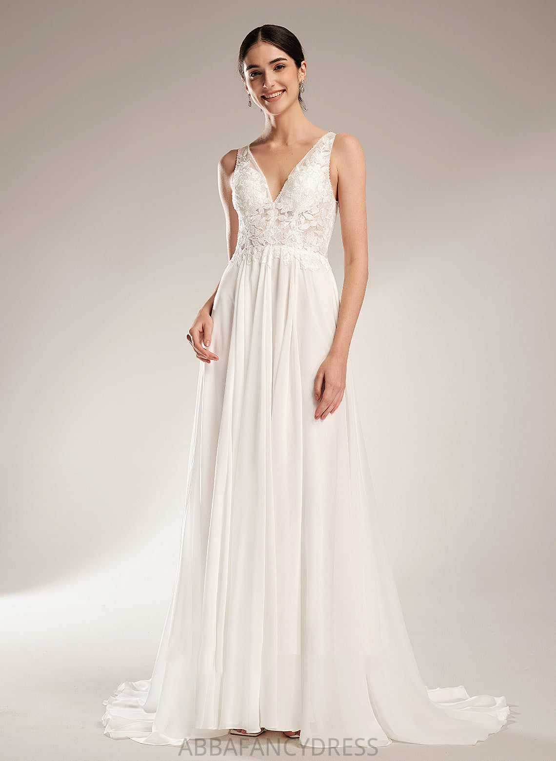 V-neck Chiffon Wedding Dresses With Beading Train Dress Sequins Court Wedding Sanaa Lace A-Line