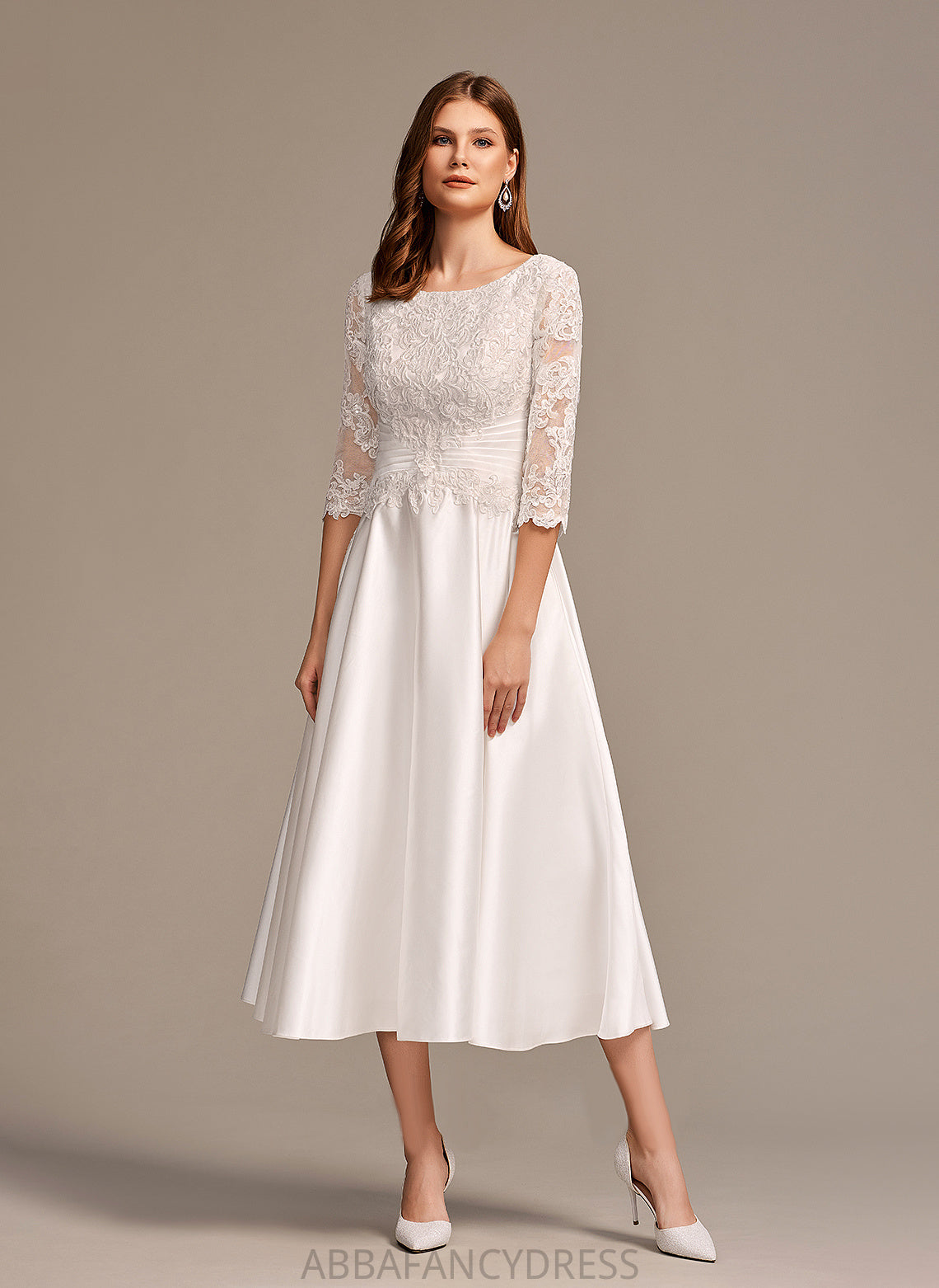 Tea-Length Lace With Scoop Dress Pockets Angela Satin Neck Wedding Dresses A-Line Wedding