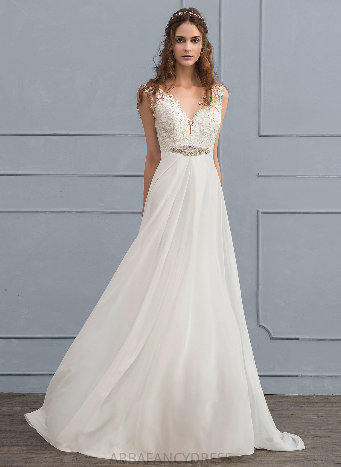 Sequins Wedding Dresses Chiffon A-Line V-neck Beading Mollie With Dress Train Wedding Court