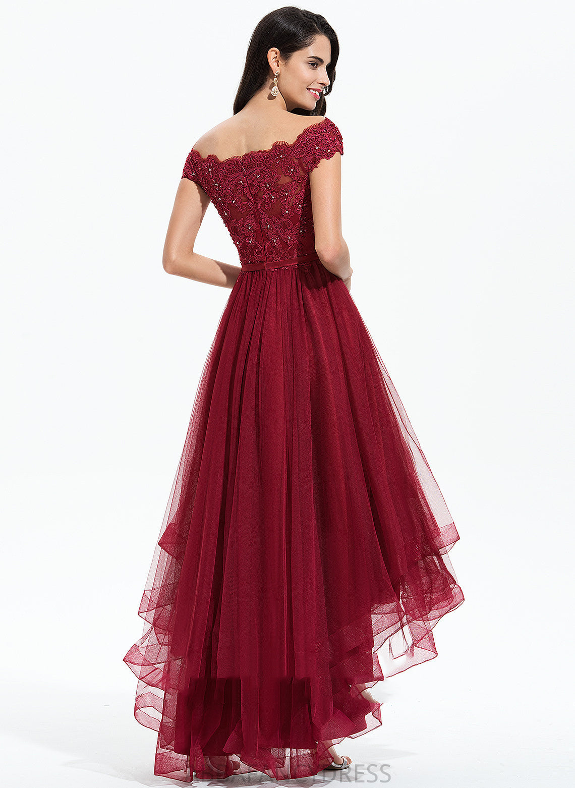 Emilee Homecoming Tulle Lace Off-the-Shoulder Dress Homecoming Dresses Bow(s) With A-Line Asymmetrical Beading