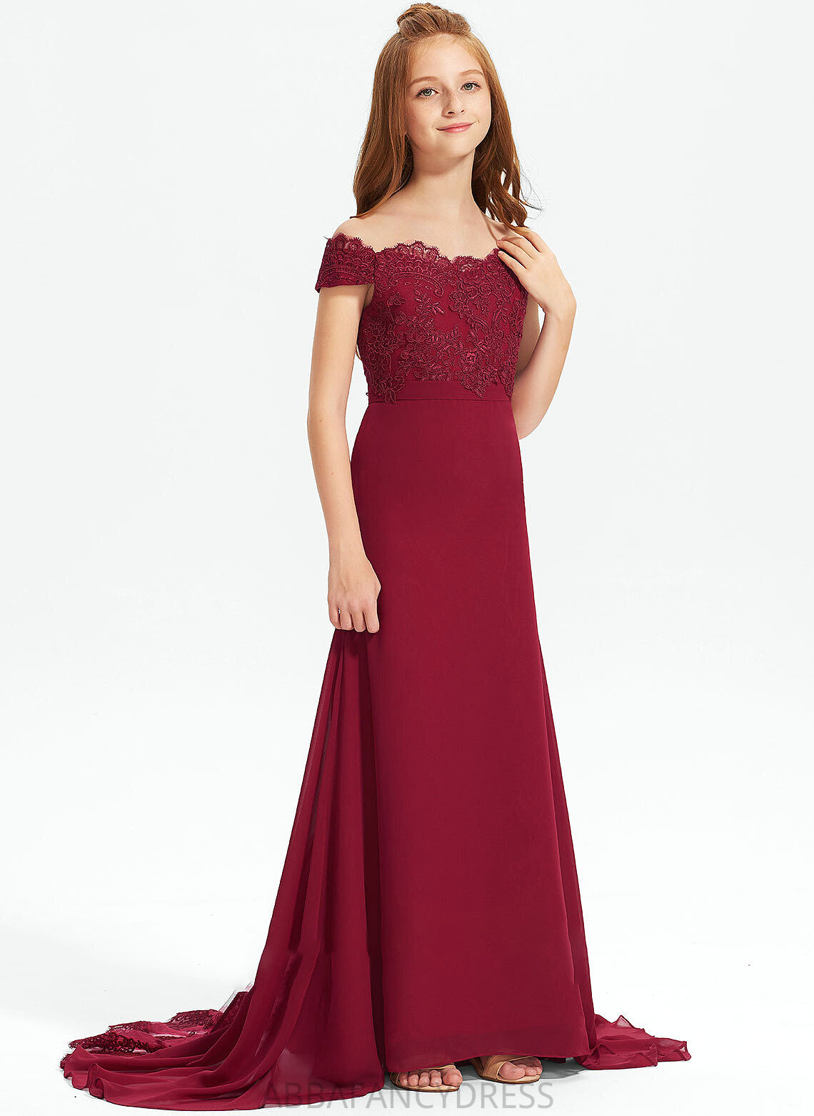 Chiffon Lace Londyn Train Trumpet/Mermaid Court Junior Bridesmaid Dresses Off-the-Shoulder