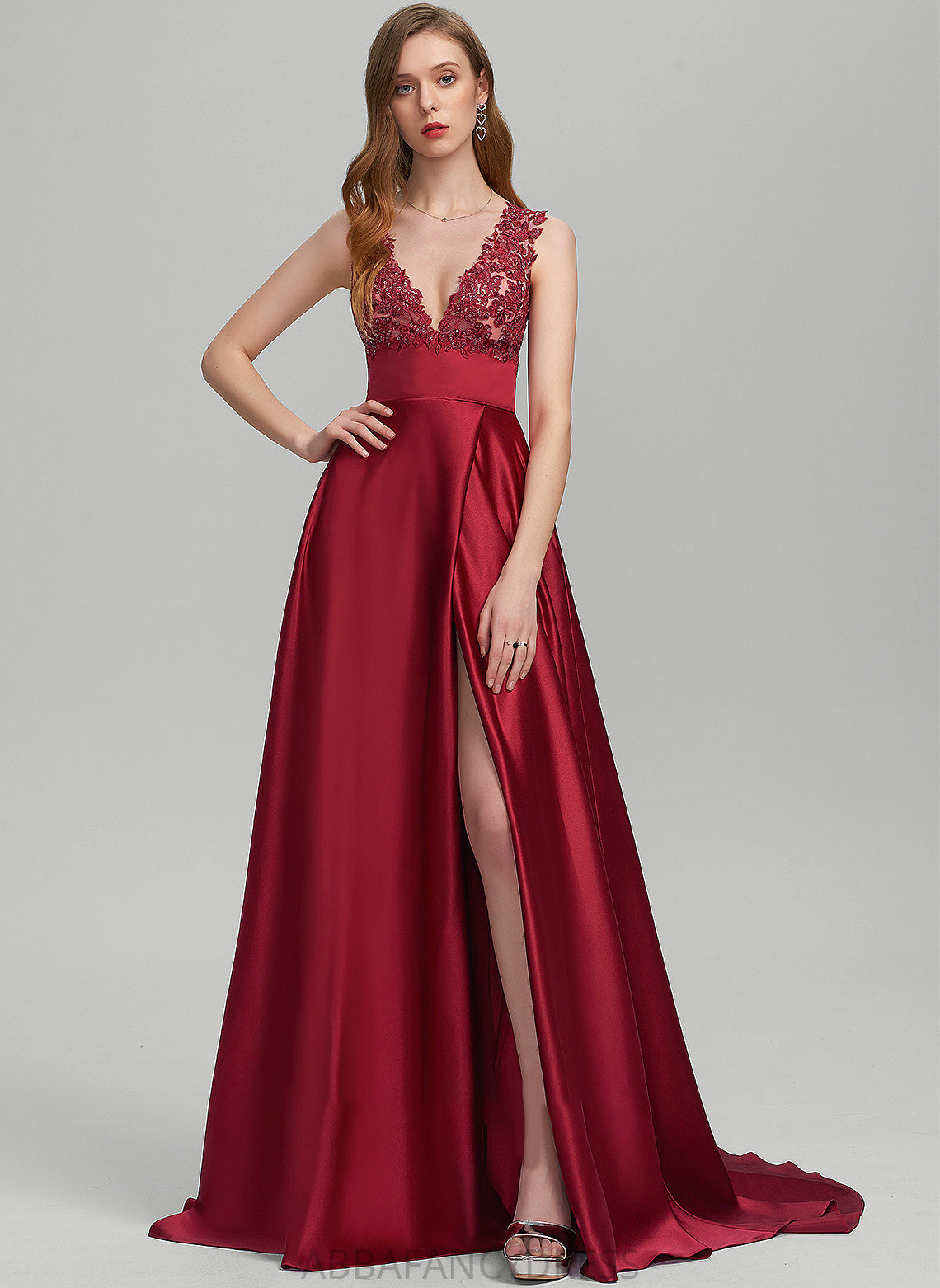 Prom Dresses Satin Sequins Train With Sweep Ball-Gown/Princess V-neck Front Danica Split