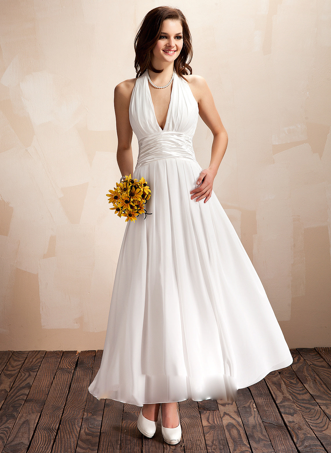 Chiffon A-Line Halter Wedding Dresses Wedding Dress Ankle-Length Meredith Ruffle With Bow(s)