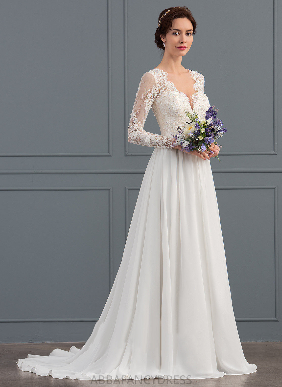 Chiffon A-Line Beading Dress With Wedding Dresses Train Sequins Lace Monique Wedding V-neck Sweep