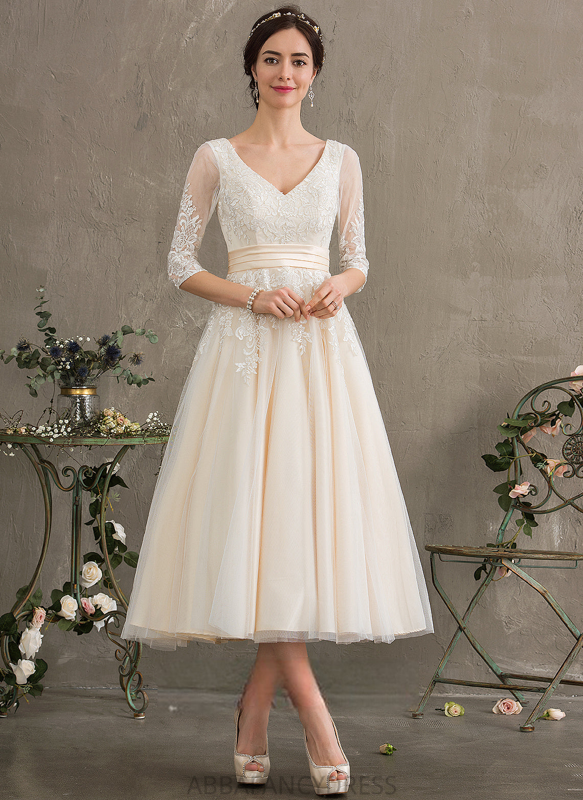 Carly Tulle Dress Wedding Dresses Wedding Tea-Length Ball-Gown/Princess V-neck Lace