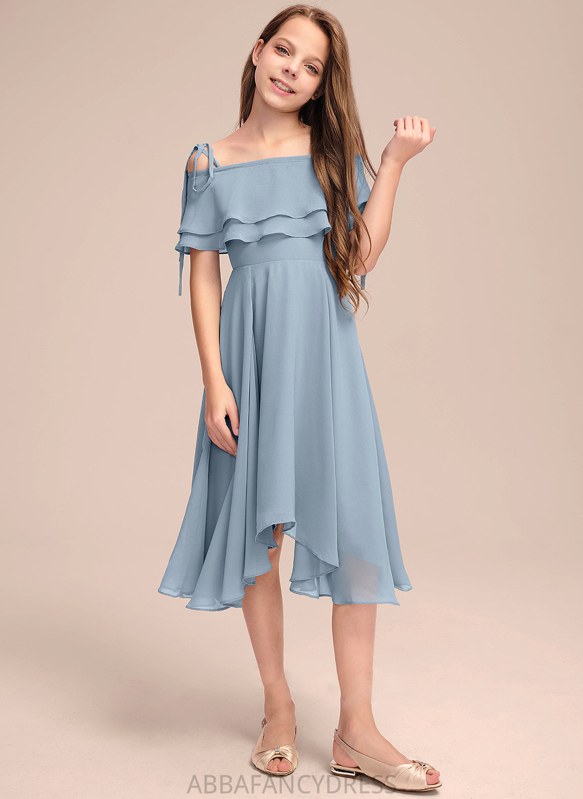 Asymmetrical Off-the-Shoulder A-Line With Junior Bridesmaid Dresses Chiffon Ruffles Cascading Priscilla