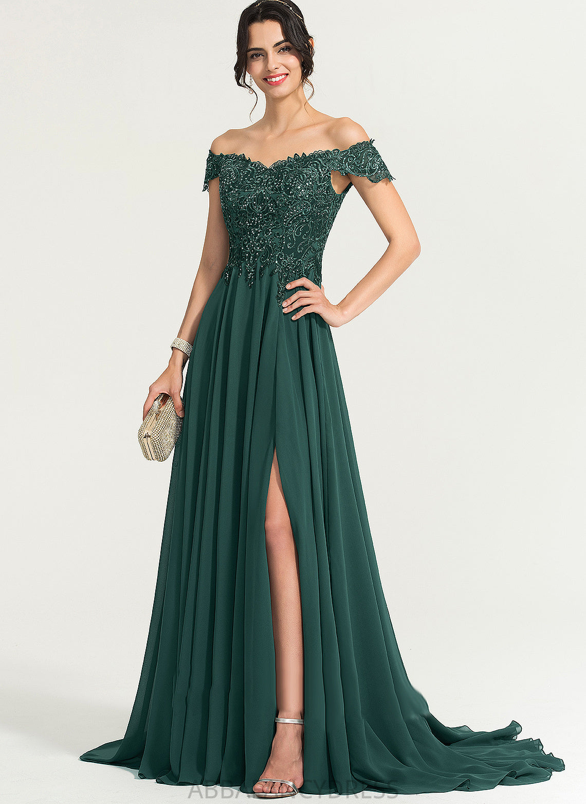 Hallie Off-the-Shoulder With Train Front Split Sweep Chiffon Prom Dresses A-Line Sequins