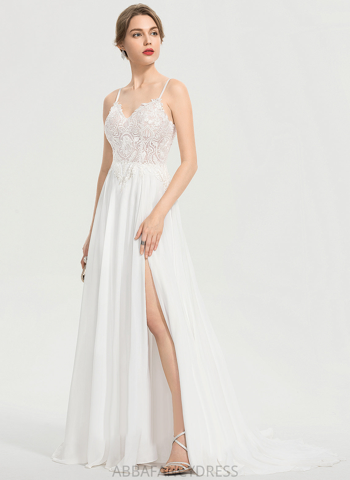 Train V-neck Wedding With Chiffon Front Split Felicity Wedding Dresses Sweep Dress Lace A-Line