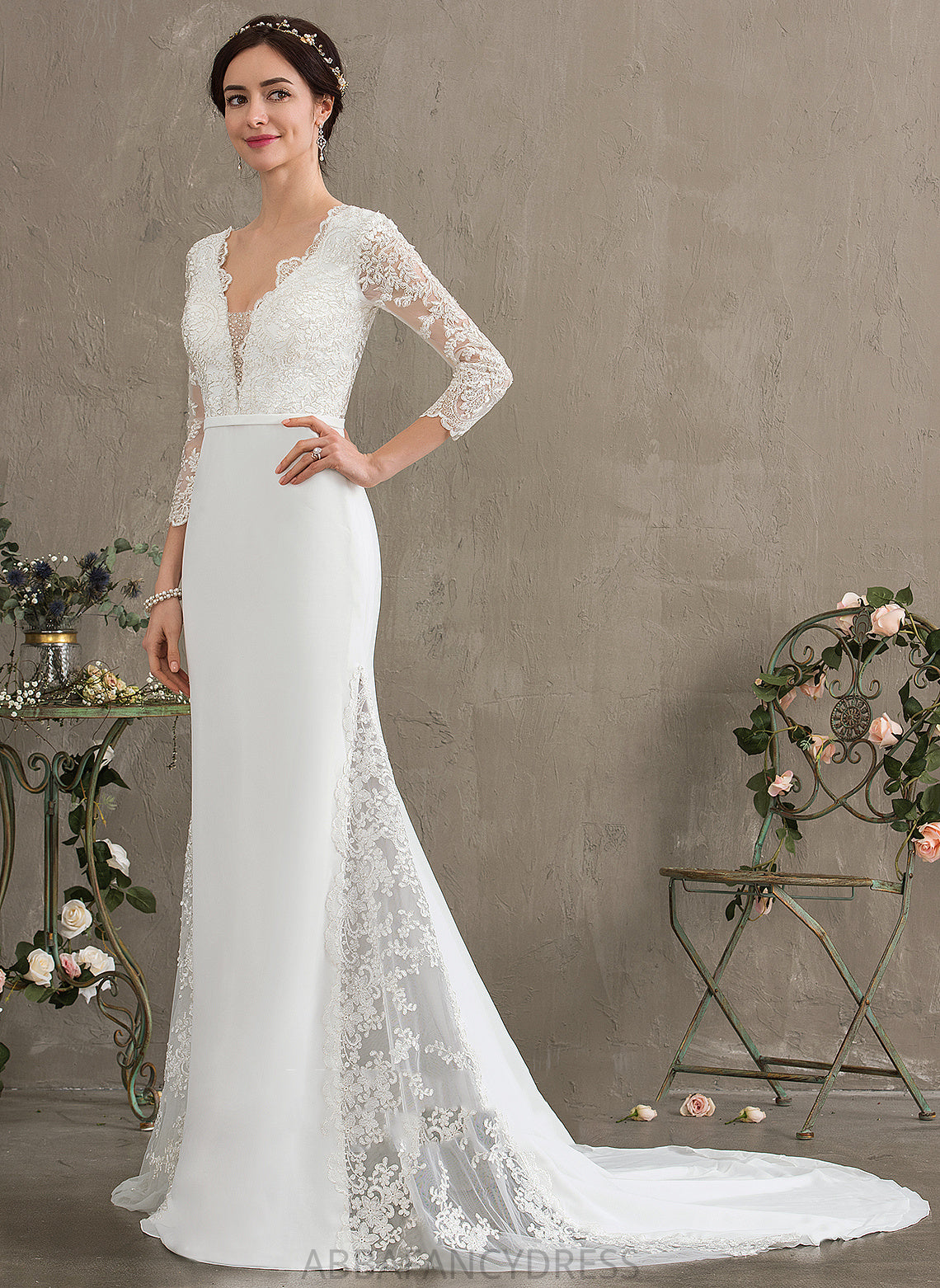 Sequins Lace Chapel Wedding Dresses Beading Chiffon With Wedding Willa Train Dress Trumpet/Mermaid V-neck