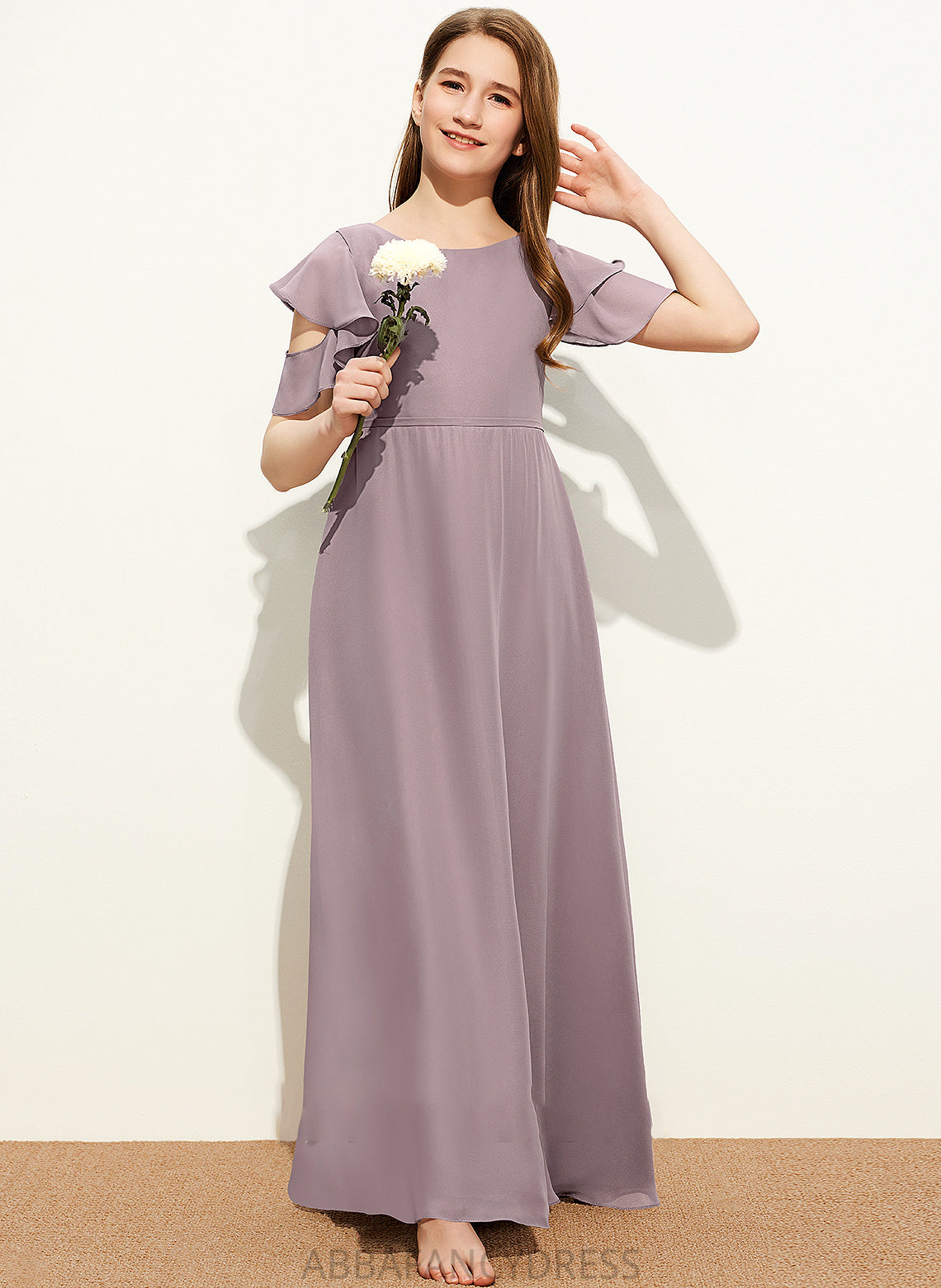 A-Line With Neck Floor-Length Scoop Junior Bridesmaid Dresses Ruffles Cascading Adalynn Chiffon