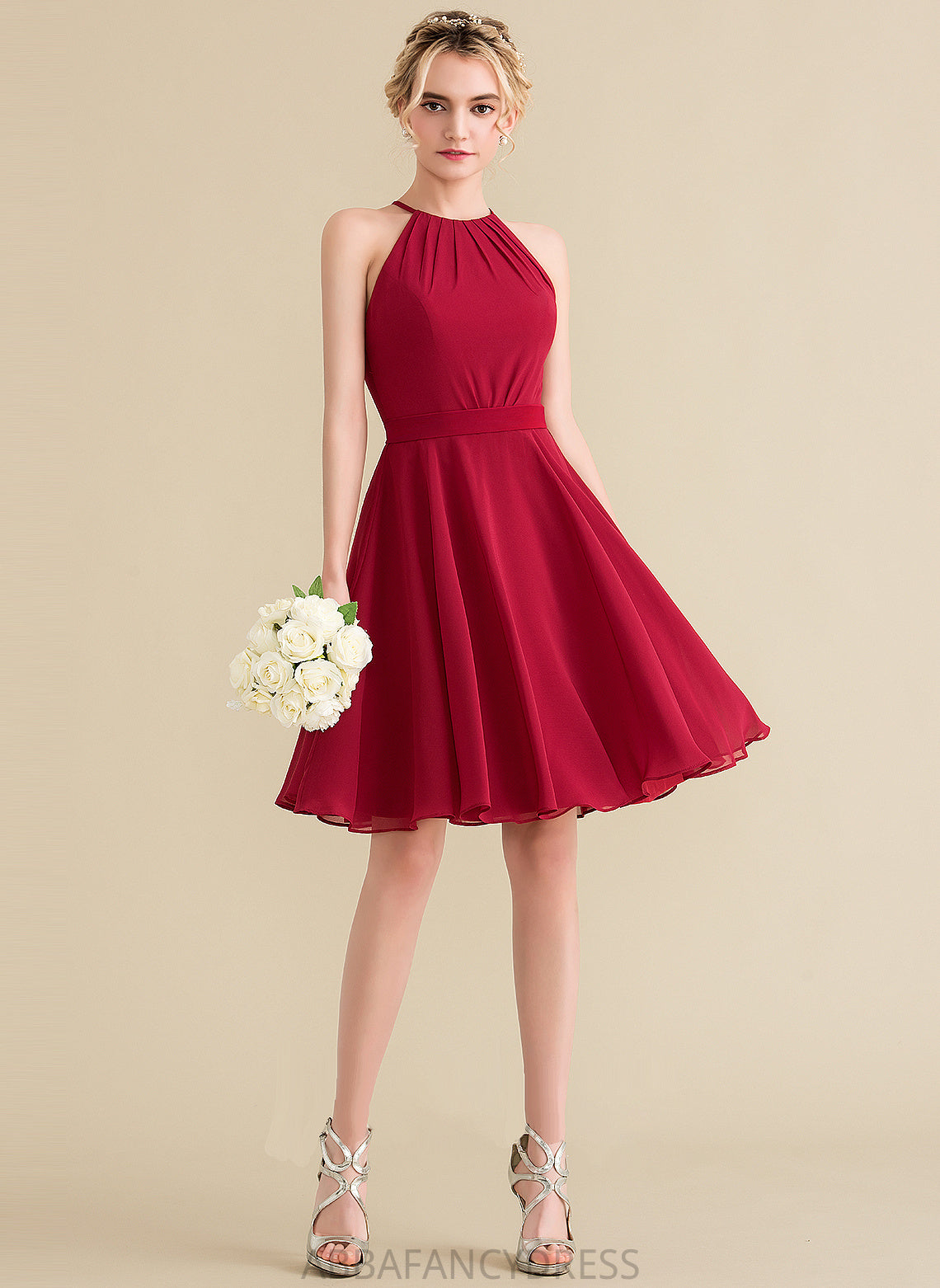 Neckline A-Line Length Silhouette Knee-Length Fabric Embellishment Ruffle ScoopNeck Bow(s) Susan Natural Waist