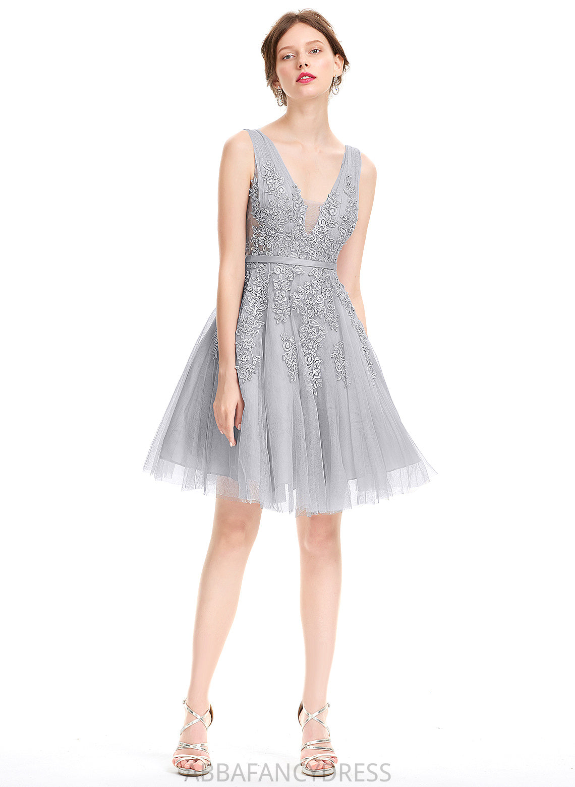 A-Line Tulle Kaylyn Beading Homecoming Sequins Dress Knee-Length With Lace V-neck Homecoming Dresses