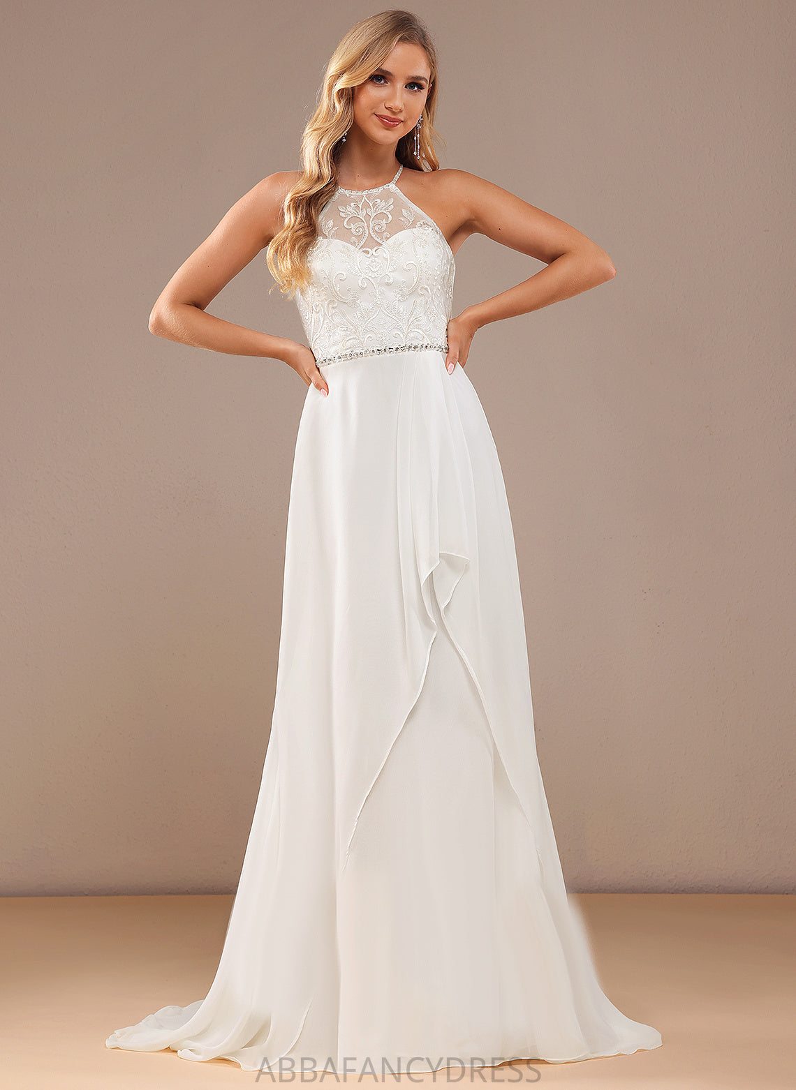 A-Line Chiffon With High Train Neck Dress Wedding Lace Lace Sweep Ruth Sequins Beading Wedding Dresses