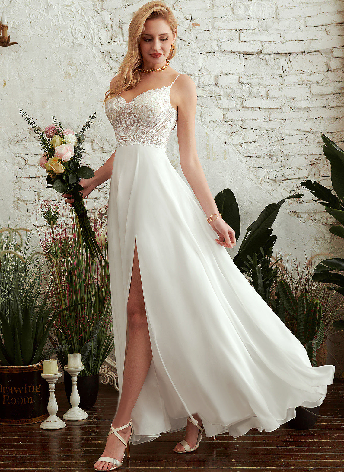 Front Ariana Chiffon Dress Split Wedding A-Line Wedding Dresses V-neck Lace With Floor-Length