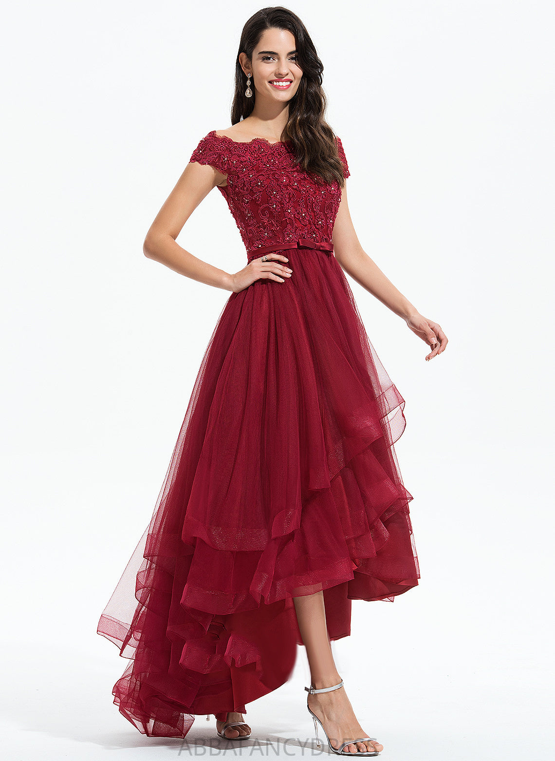 Emilee Homecoming Tulle Lace Off-the-Shoulder Dress Homecoming Dresses Bow(s) With A-Line Asymmetrical Beading