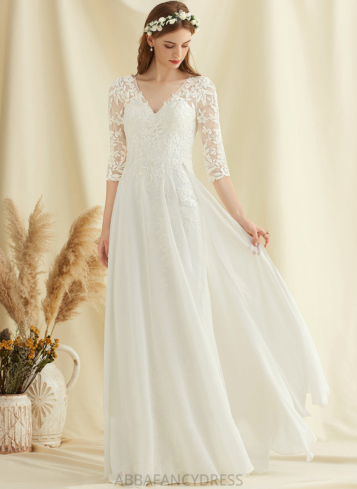 Micah Chiffon Floor-Length Lace Wedding Wedding Dresses A-Line Dress V-neck