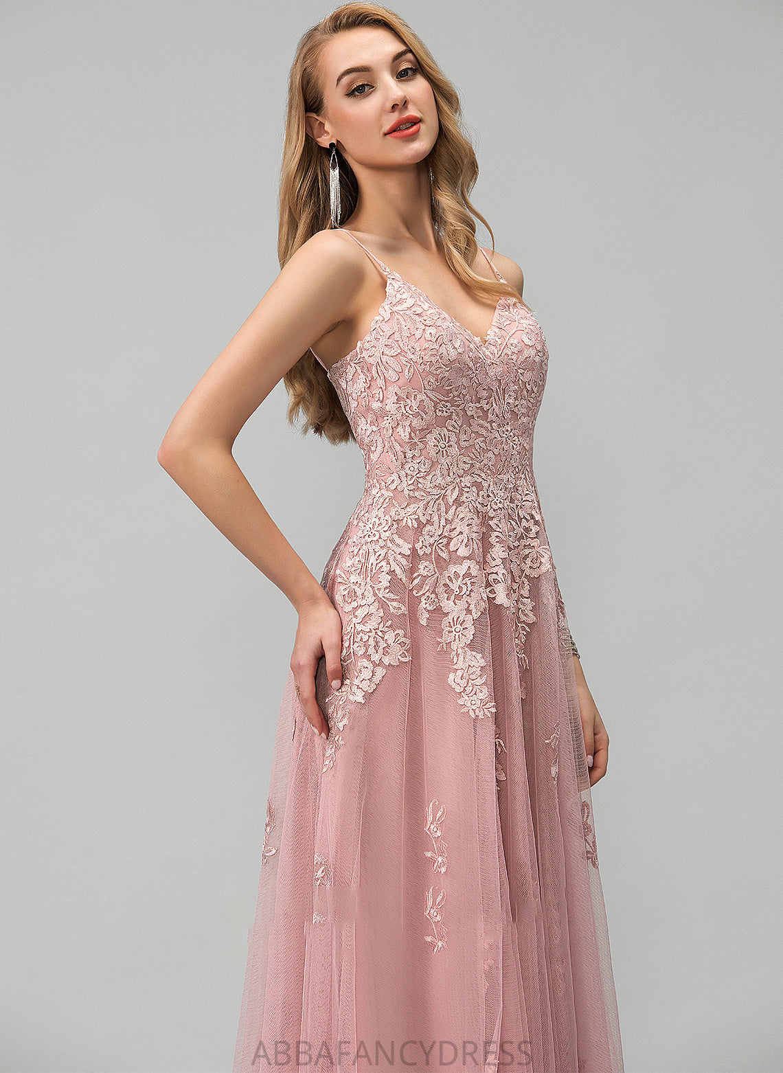 V-neck With Destinee Tulle Floor-Length Lace Prom Dresses Ball-Gown/Princess