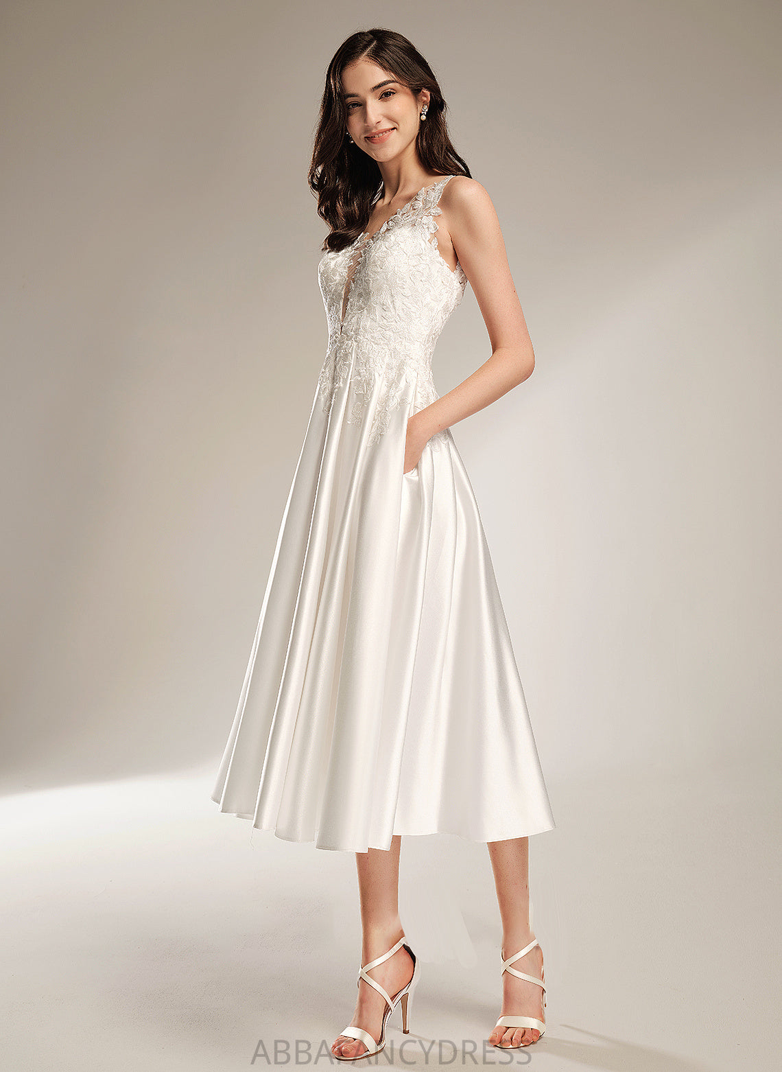 V-neck With Arely Dress Wedding Tea-Length A-Line Wedding Dresses Pockets