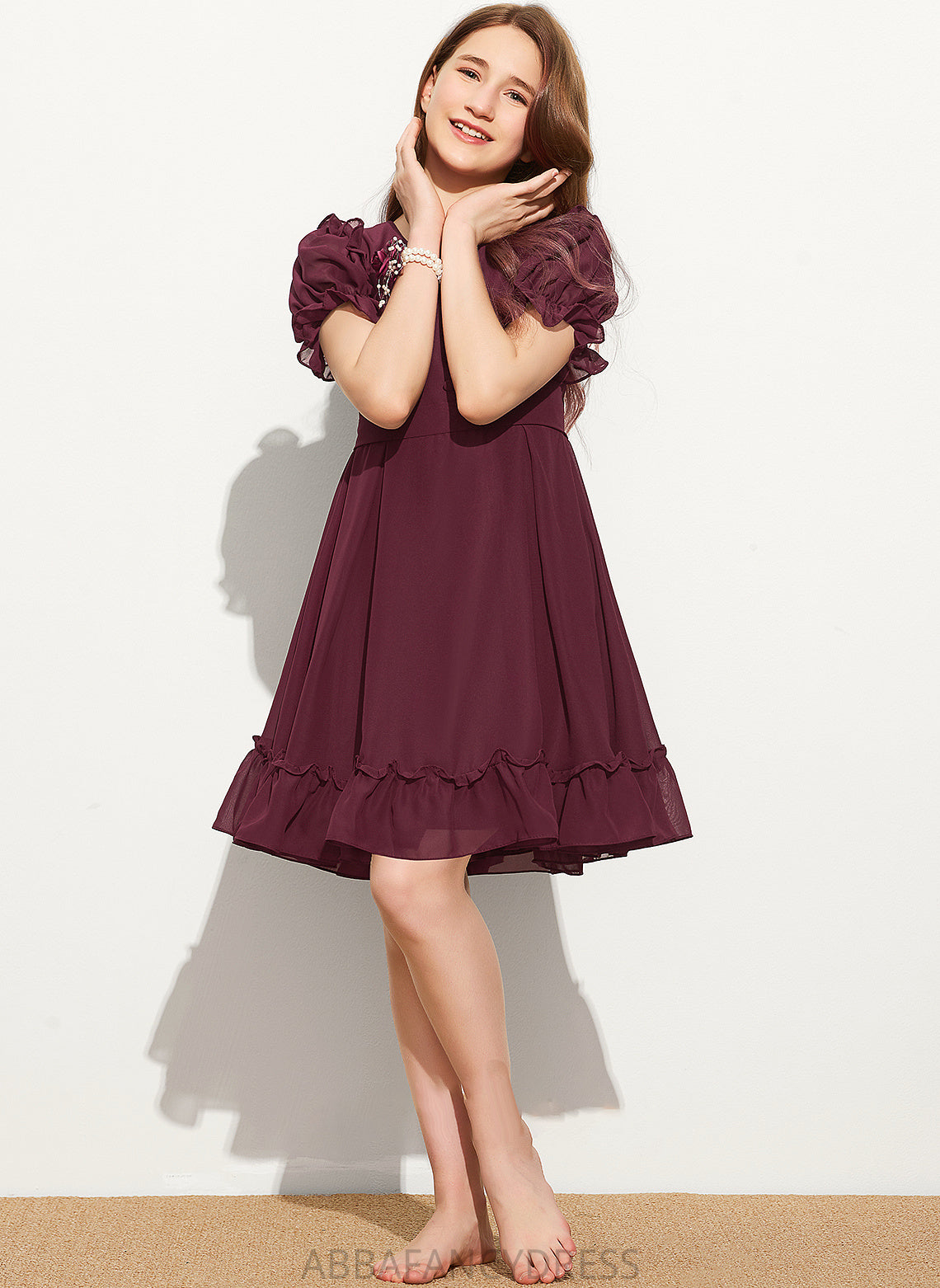 Neck With Miriam A-Line Bow(s) Knee-Length Cascading Scoop Junior Bridesmaid Dresses Ruffles Chiffon