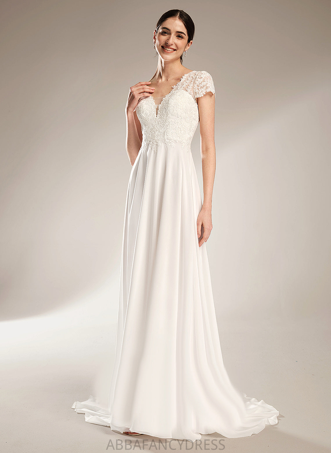 Chiffon Bow(s) V-neck Monique A-Line Wedding Dresses Dress Court Lace With Wedding Train