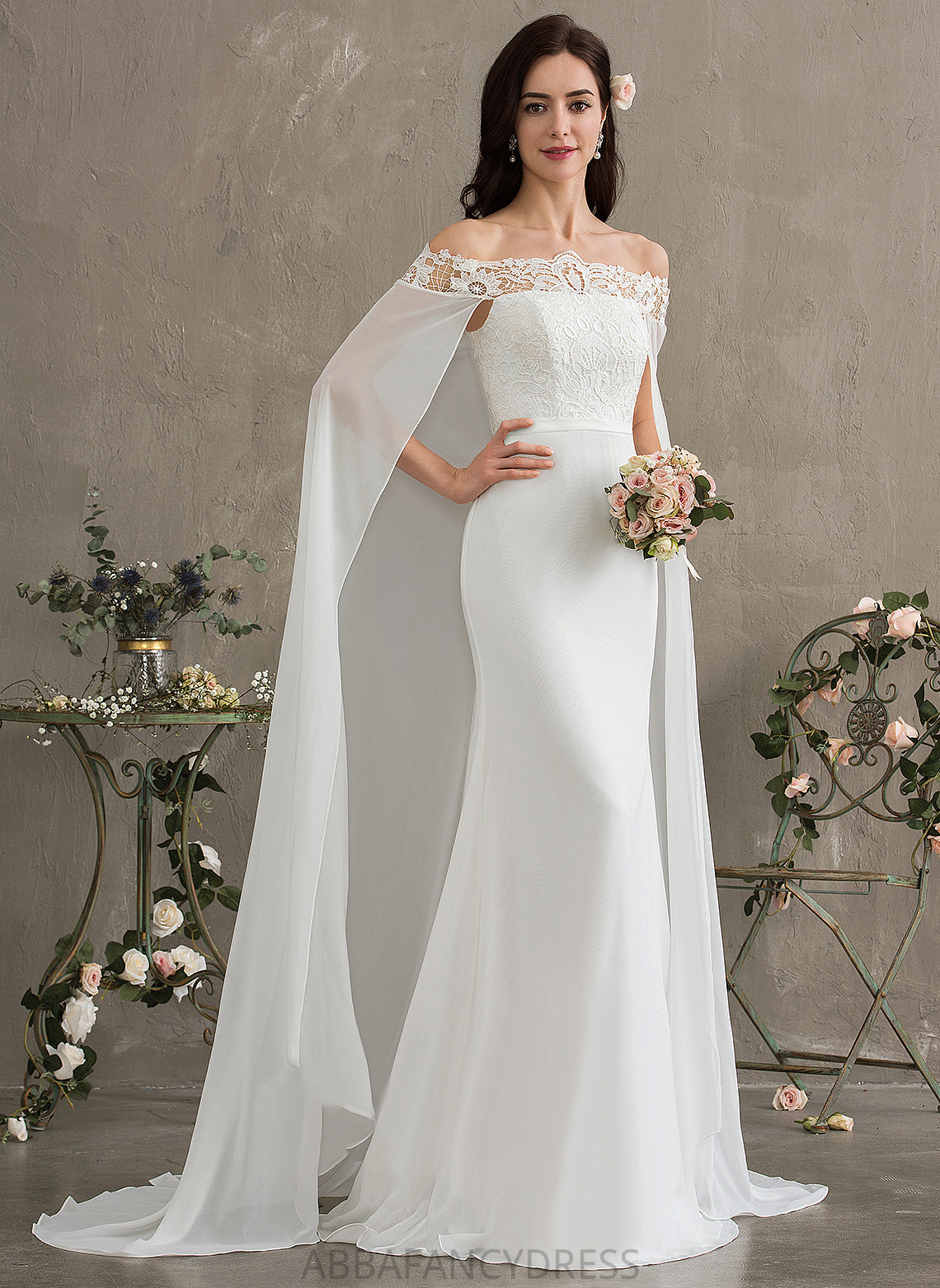 Sheath/Column Lace Train Wedding Willow Off-the-Shoulder Dress Wedding Dresses Lace With Court Chiffon