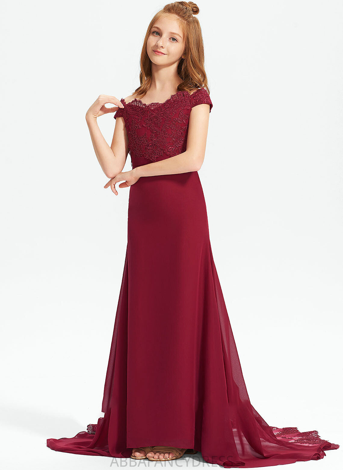 Chiffon Lace Londyn Train Trumpet/Mermaid Court Junior Bridesmaid Dresses Off-the-Shoulder