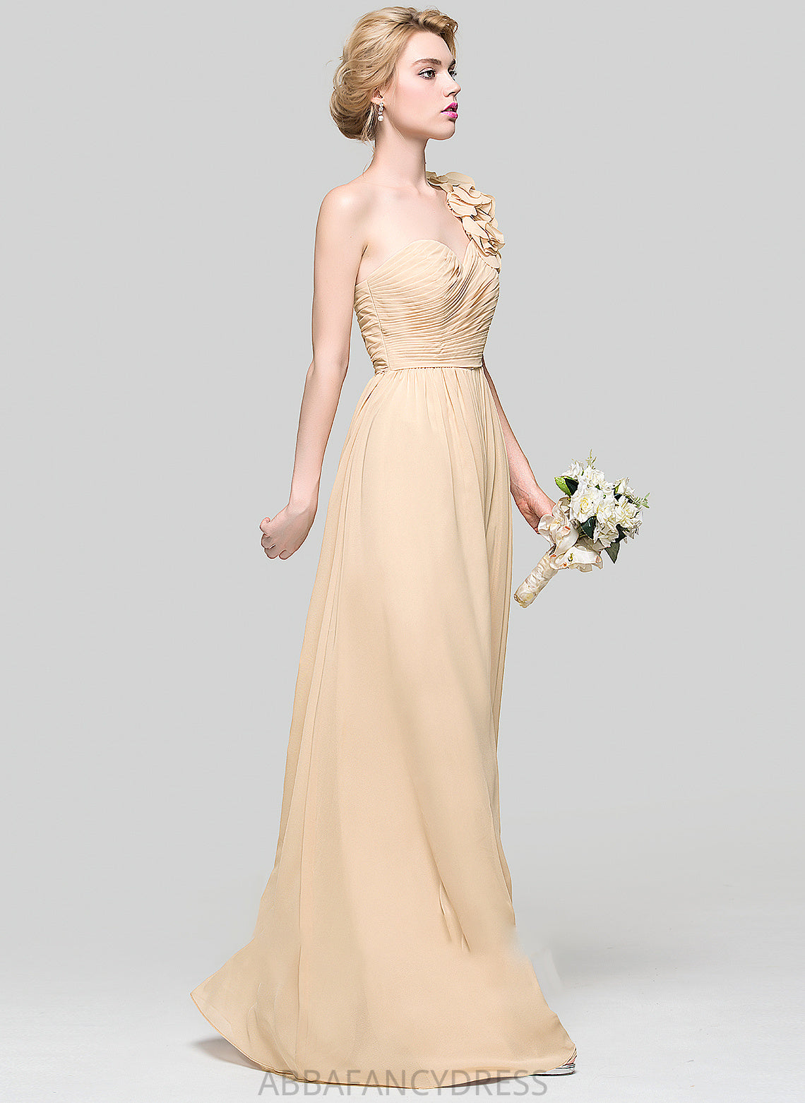 Embellishment Fabric Flower(s) Length One-Shoulder A-Line Neckline Silhouette Ruffle Floor-Length Marilyn Floor Length