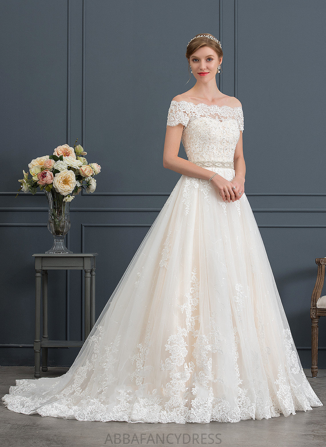 Wedding Dresses Heidi Lace Off-the-Shoulder Dress Beading Train With Sequins Wedding Ball-Gown/Princess Tulle Court