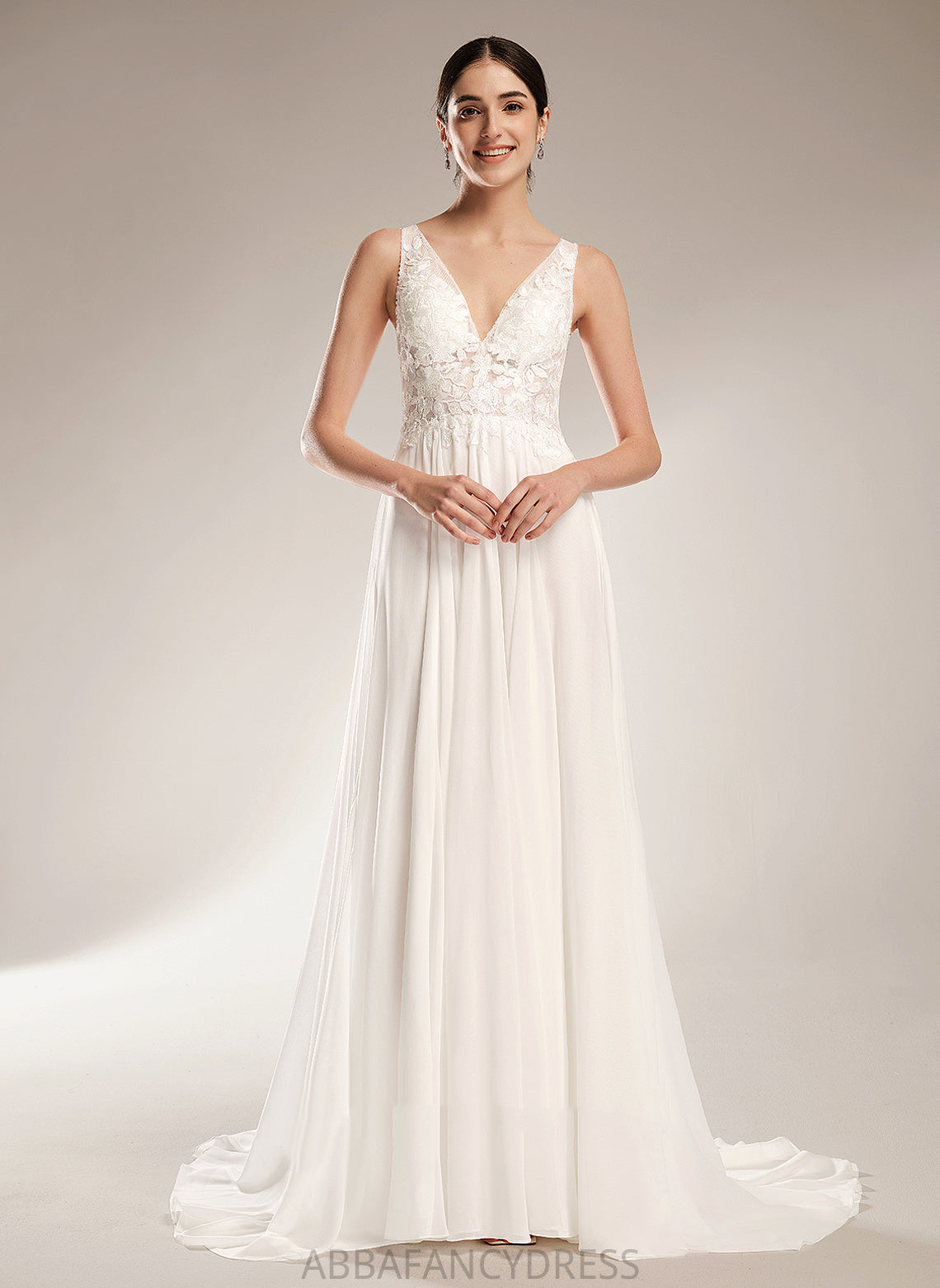 V-neck Chiffon Wedding Dresses With Beading Train Dress Sequins Court Wedding Sanaa Lace A-Line