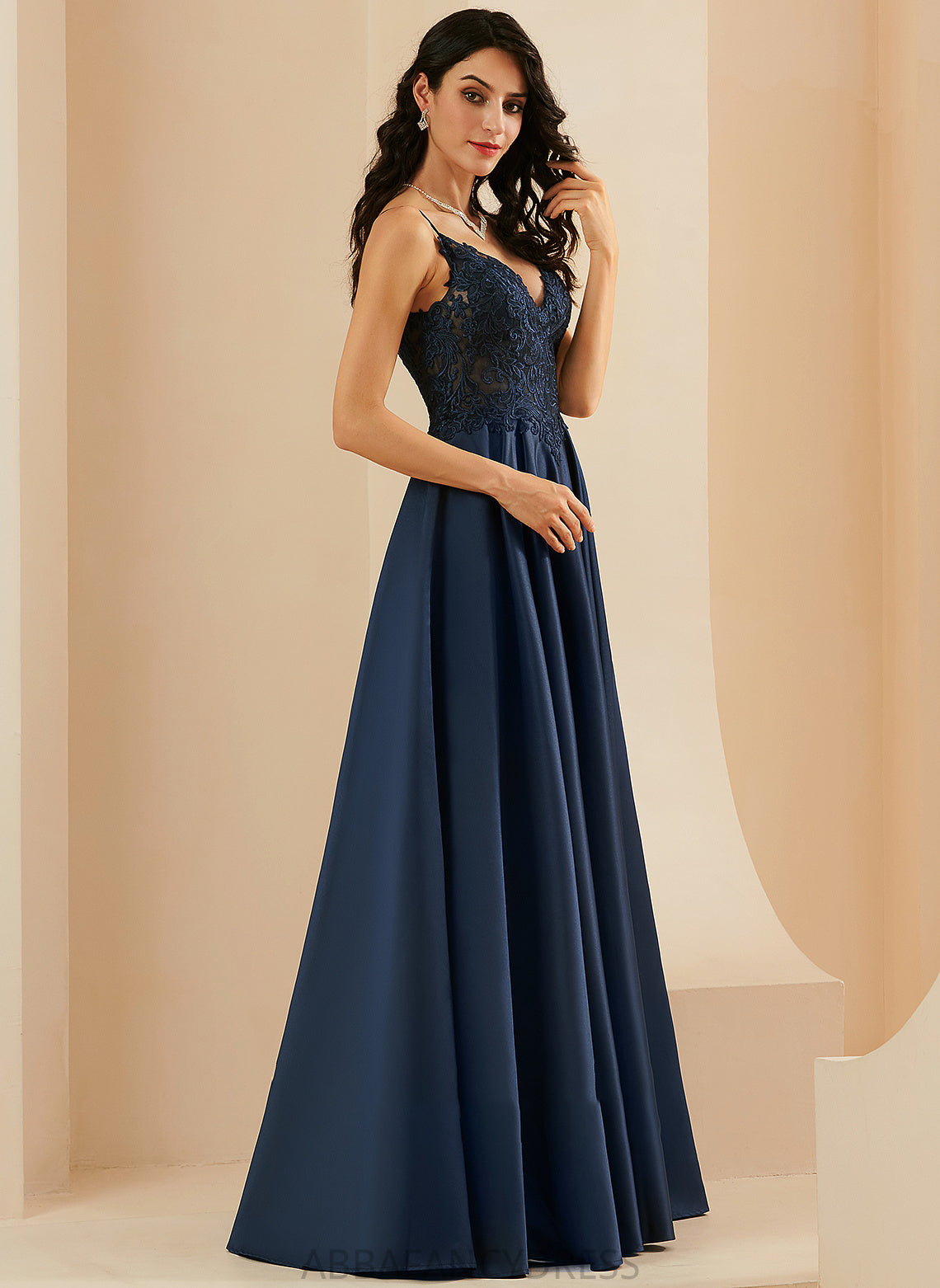 Lace Satin Prom Dresses Sasha With Floor-Length A-Line V-neck