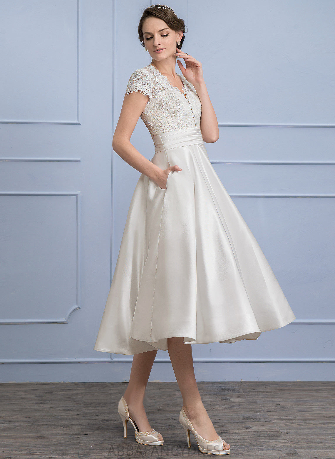 Ruffle Dress Tea-Length Lace With Emelia Wedding Dresses Wedding A-Line V-neck Satin