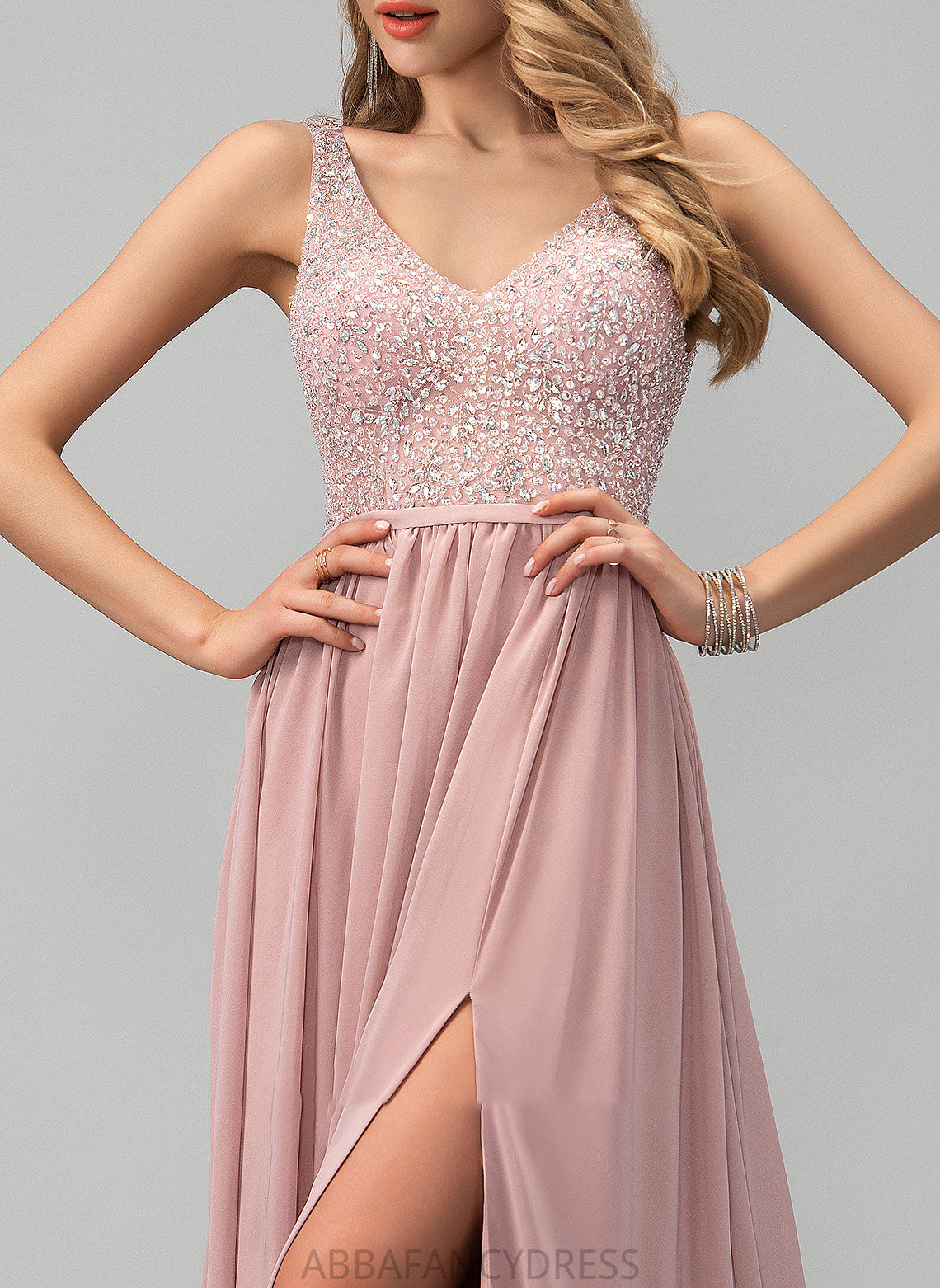 Front A-Line Beading With Floor-Length Prom Dresses Chiffon Split V-neck Jaylene Sequins