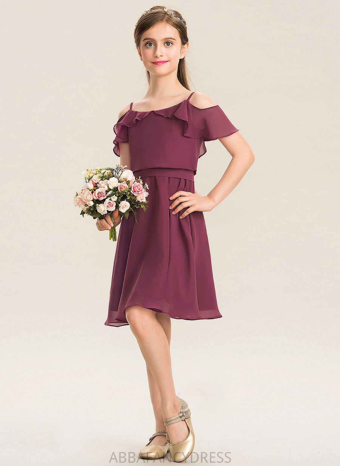 Bow(s) Knee-Length Off-the-Shoulder A-Line Cascading Junior Bridesmaid Dresses With Ruffles Chiffon Roselyn