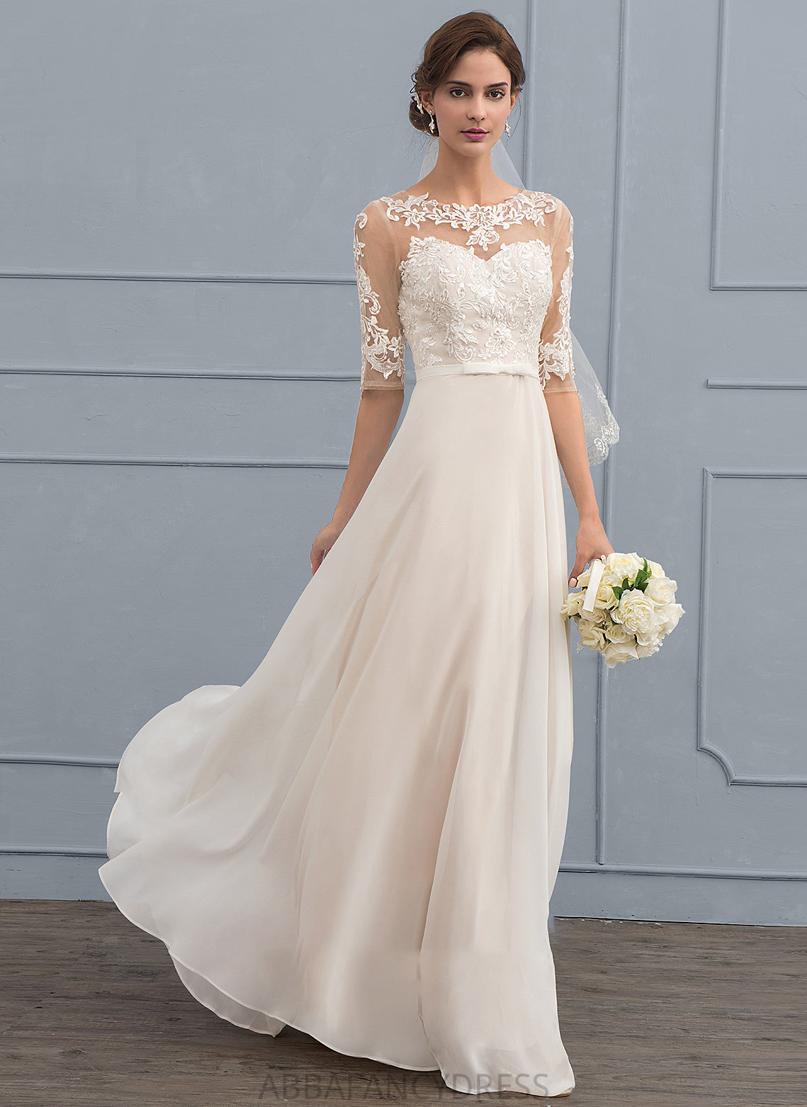 Chiffon Dress Floor-Length Sequins A-Line Bow(s) With Illusion Wedding Dresses Wedding Crystal Beading