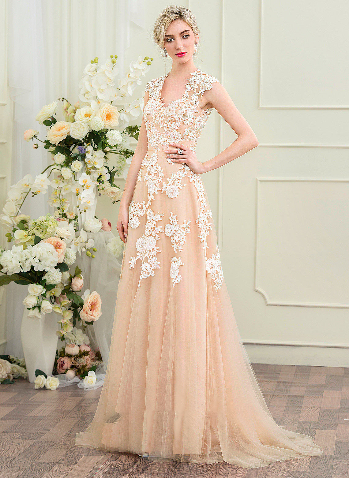 Victoria Wedding Wedding Dresses Sweep Train A-Line Tulle Dress V-neck