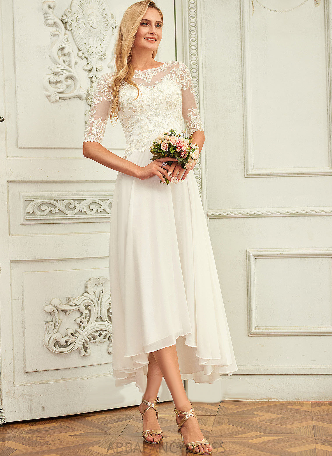 A-Line Beading Scoop Wedding Dresses Wedding Asymmetrical Lace Dress Chiffon Sequins Catherine With