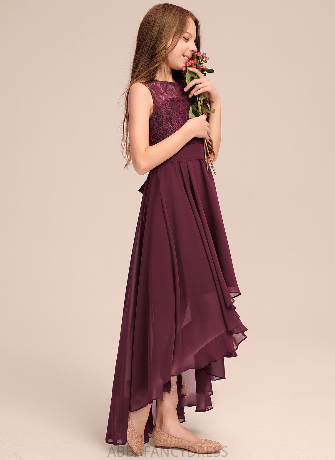 Scoop Lace Junior Bridesmaid Dresses Neck With Chiffon Asymmetrical Bow(s) A-Line Maya