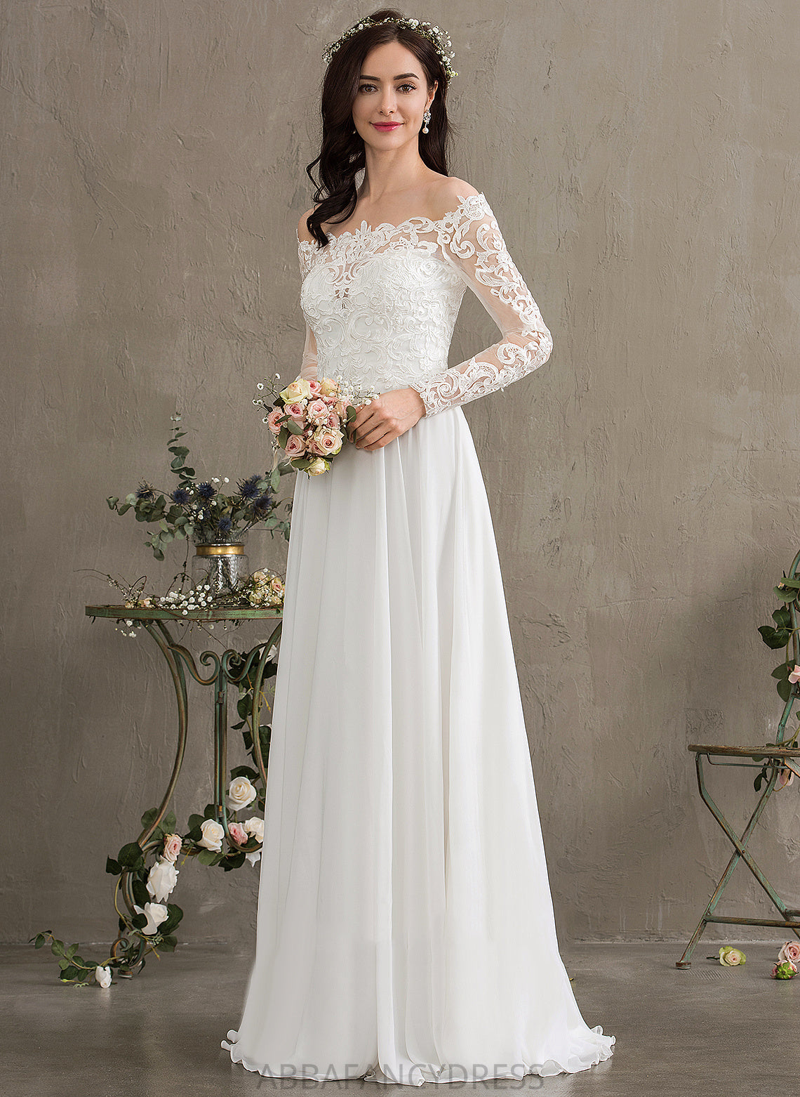 Chiffon Lace Lace Dress Wedding Dresses A-Line Wedding Off-the-Shoulder Guadalupe Floor-Length With