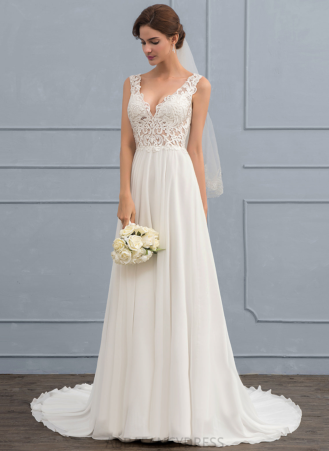 Wedding Dresses A-Line V-neck Lace Aylin Train Chiffon Wedding Dress Court