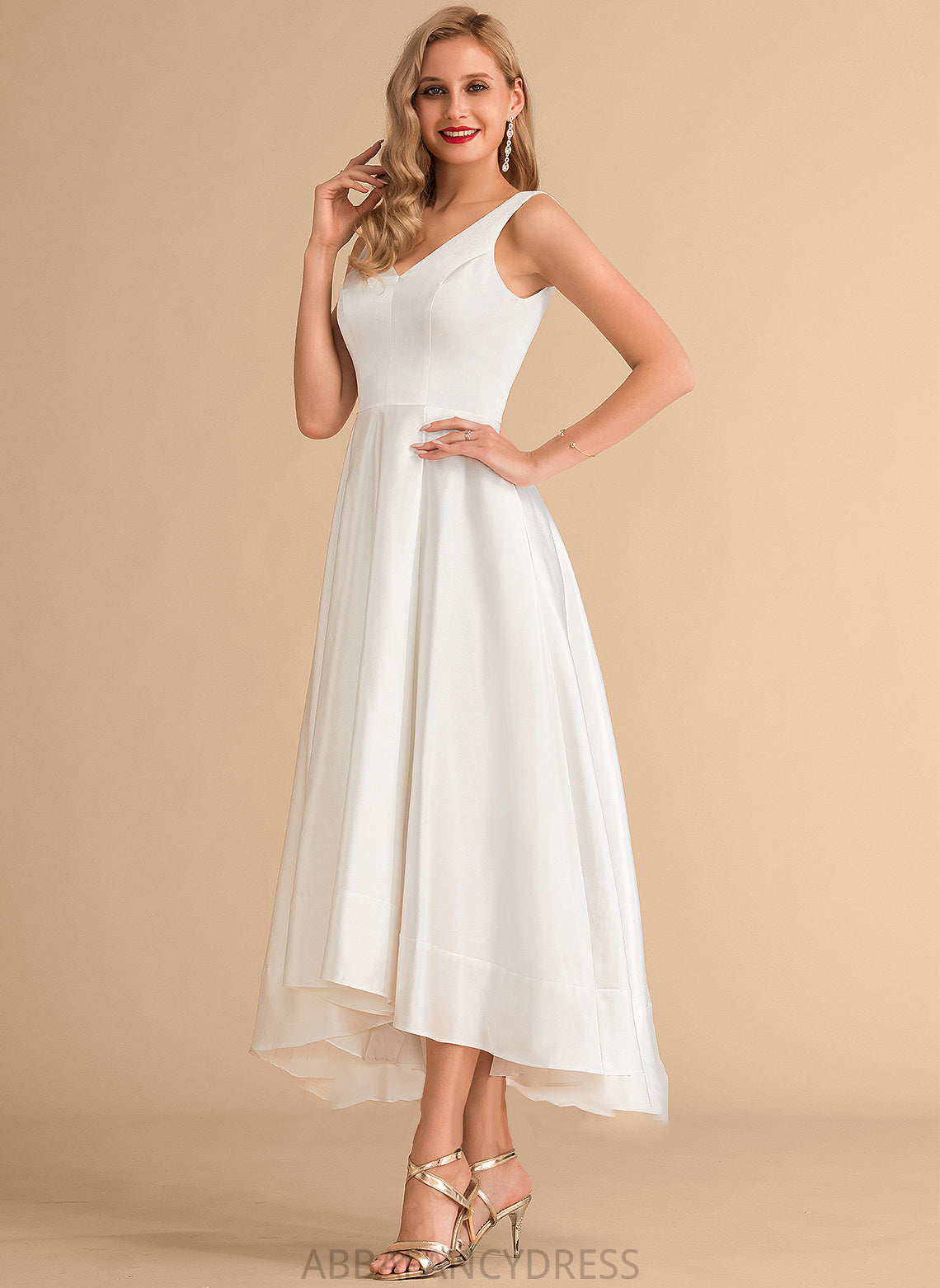 A-Line Abbie Wedding Satin Wedding Dresses V-neck Dress Asymmetrical