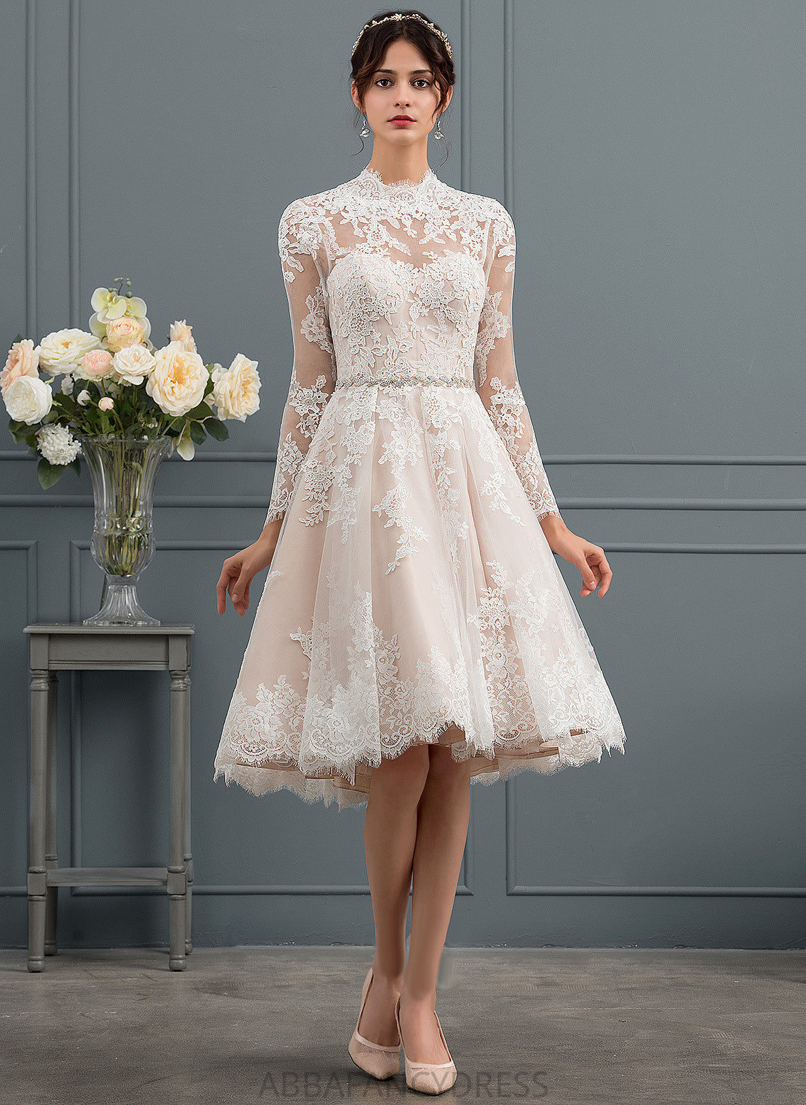 Dress Wedding Wedding Dresses Rayna Illusion Tulle Knee-Length A-Line Lace