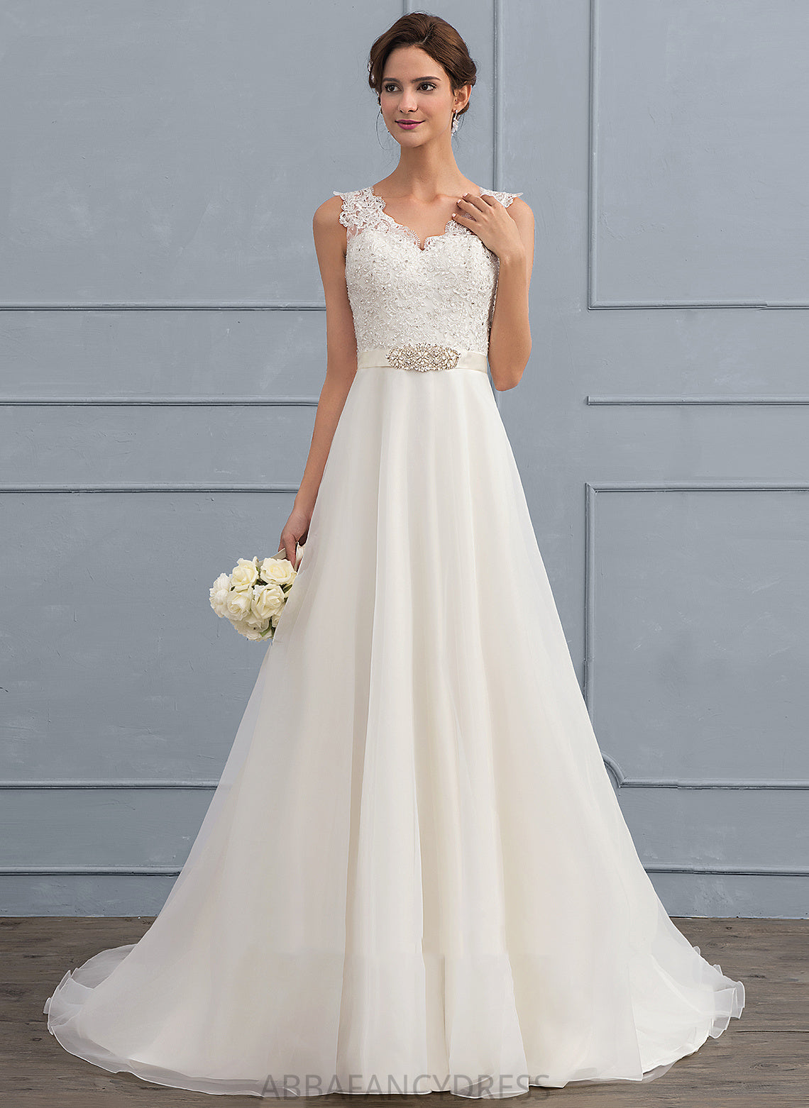 Beading With Wedding Dresses Organza A-Line Lace Sweep Bow(s) Train Wedding Brylee Dress V-neck