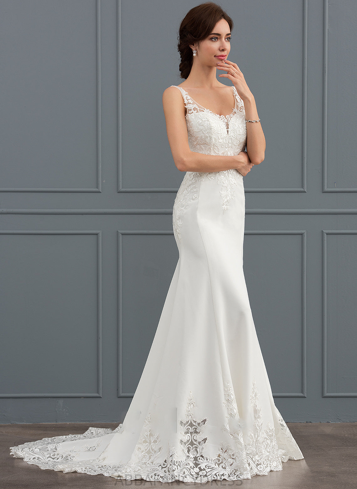 Stretch Trumpet/Mermaid Crepe Wedding Train Alexus With Court Dress Lace V-neck Sequins Wedding Dresses