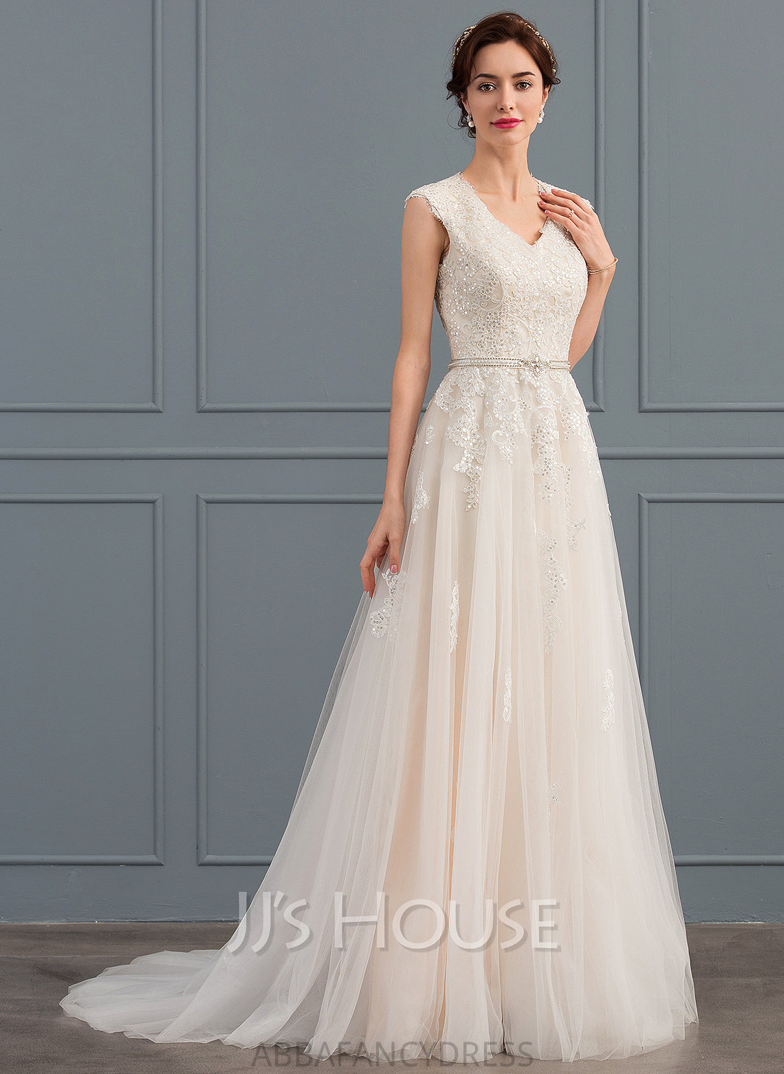 Beading Sequins Wedding Tulle V-neck Wedding Dresses With Dress Train Sweep Bow(s) A-Line Katelynn